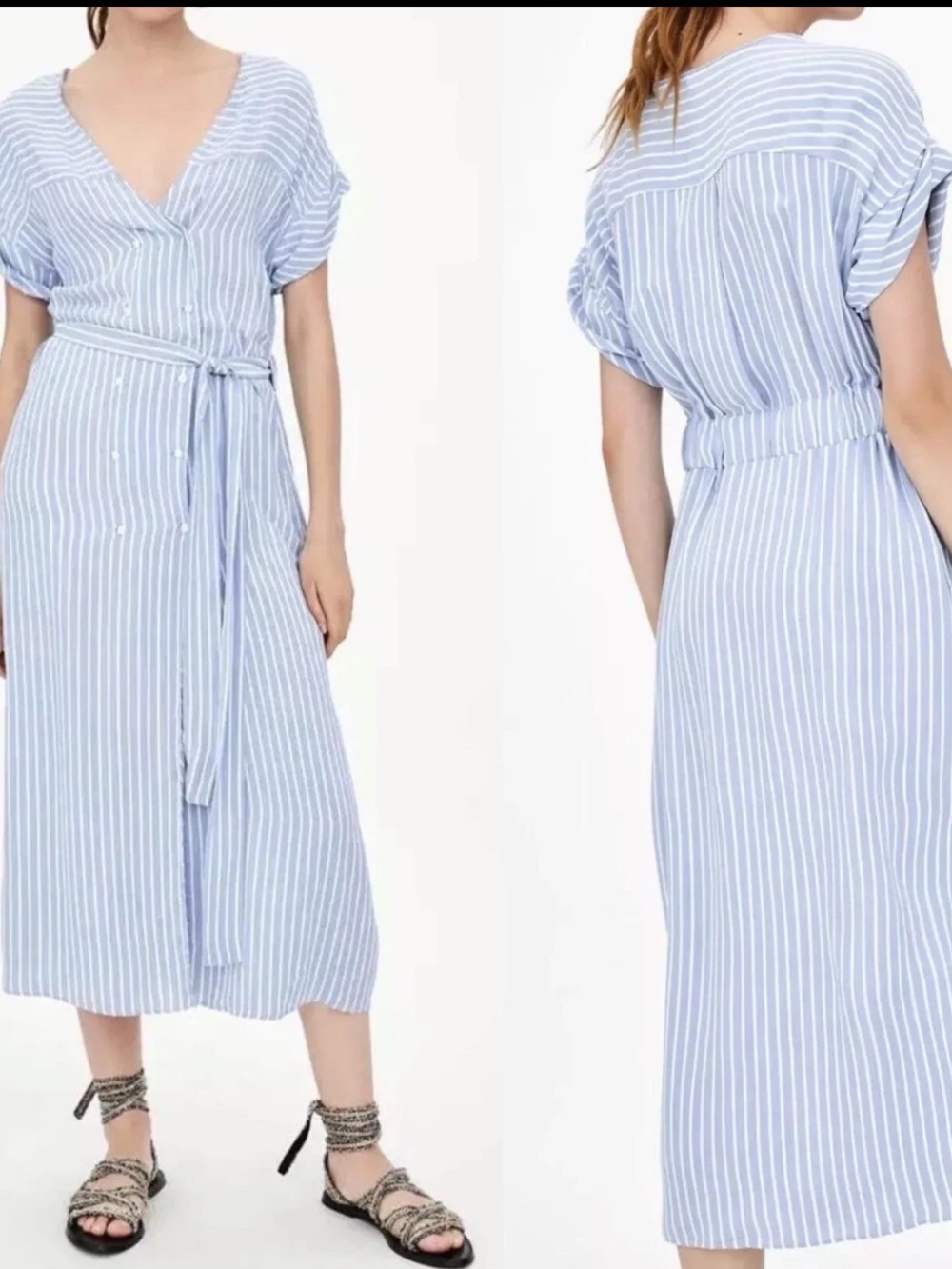 Zara Light Blue and White Striped Midi Wrap Dress Small